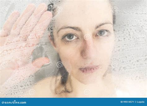 stressed woman leaning on weeping glass shower door stock image image of miserable female