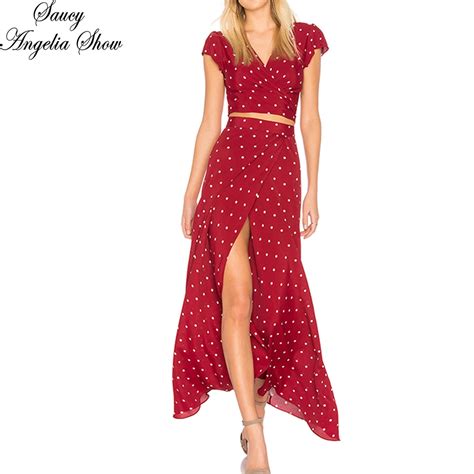 Saucy Angelia Women Summer Dress Sexy Deep V 2 Piece Set Crop Top Long