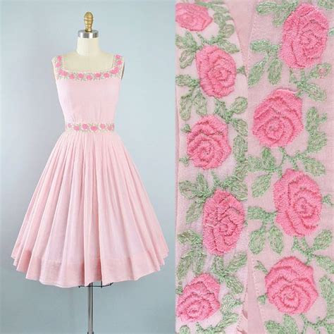 Vintage 1950s Dress Set 50s 60s Pink Embroidered Rose Cotton Sundress