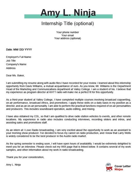 No matter what a student's chosen field may be, a letter of recommendation can be a crucial tool for getting an internship at a particular company. A Killer Cover Letter Example For an Internship ...