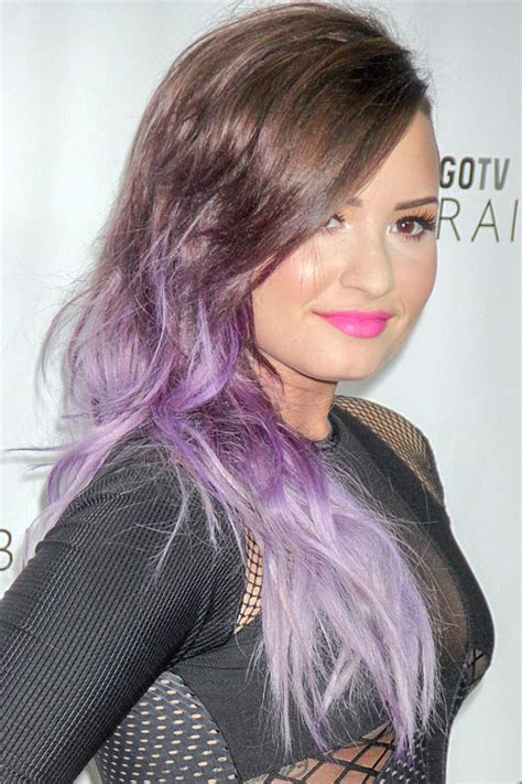 Demi Lovato Wavy Medium Brown Purple Dip Dyed Ombré Two Tone Hairstyle Steal Her Style