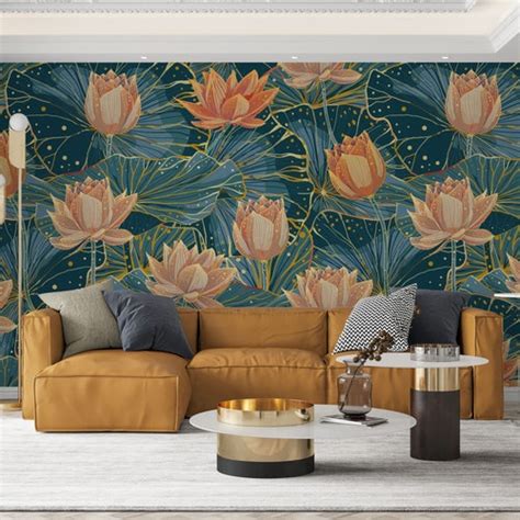 Luxury Lotus Flower Living Room Wallpaper Waterlily Floral Etsy