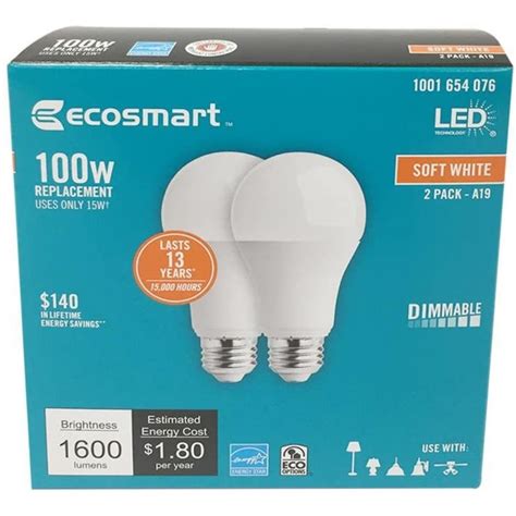 Ecosmart 100w Soft White 2700k A19 Dimmable Led Light Bulbs 1600 Lumens