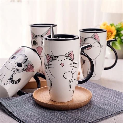 600ml Cute Cat Ceramics Coffee Mug With Lid Large Capacity Animal Mugs