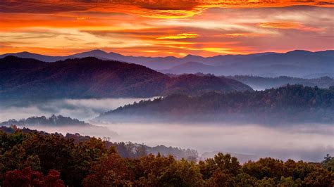 Sunrise Over The Smoky Mountains In Autumn From The Foothills Great