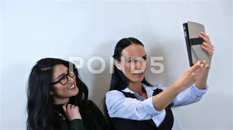 Business Women Taking Selfies On Ipad Tablet Co Workers Corporate