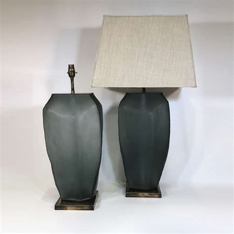 Pair Of Large Textured Cut Glass Steel Greyblue Lamps With Square