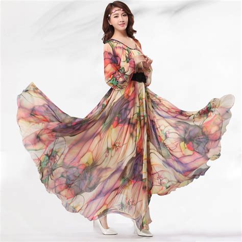 Summer Chiffon Floral Long Sleeve Beach Maxi Dress Lightweight Sundress