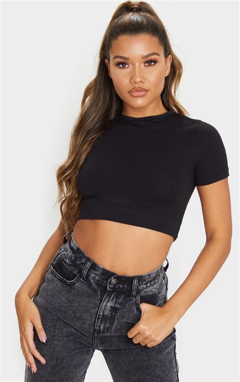 Black Basic Cotton Cropped T Shirt Tops Prettylittlething