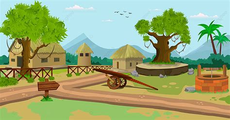 Cartoon Background Village Scene Vector Illustration With Old Houses
