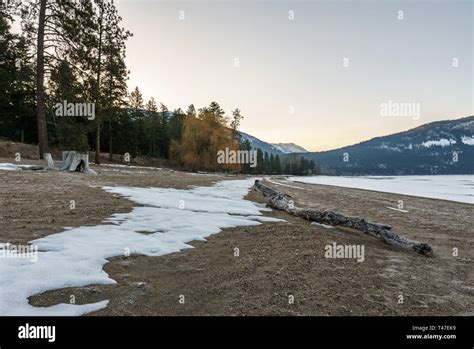Cold Morning Landscape Of Frozen Little Shuswap Lake British Columbia