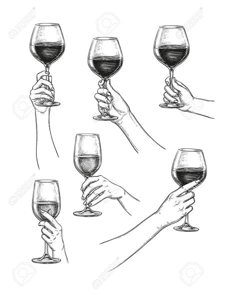 Hands Holding Glasses Of Wine Ink Sketch Collection Isolated On White