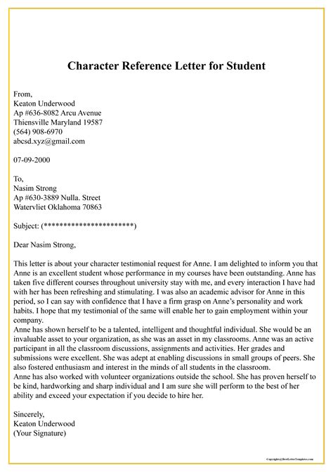 Free Character Reference Letter Template