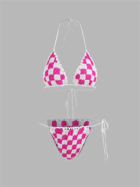 Check Pattern Crochet Triangle Bikini Set Cider