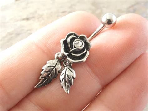 Rose Flower Belly Button Rings Belly Ring With Dangling Leaves