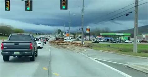 Logging Truck Spills Load All Over Highway Causes Massive Damage