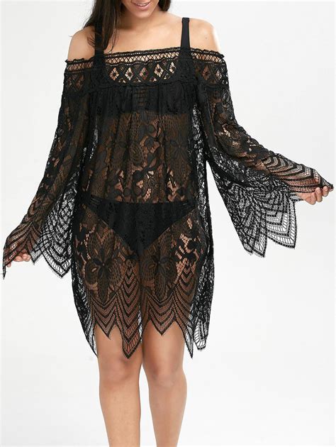 11 Off Lace Sheer Long Sleeve Cover Up Dress Rosegal