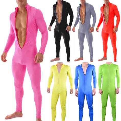 Sexy Mens Bodysuit Unicolor Spandex Unitard Stretch Tight Catsuit Sportswear Gay Men Costumes