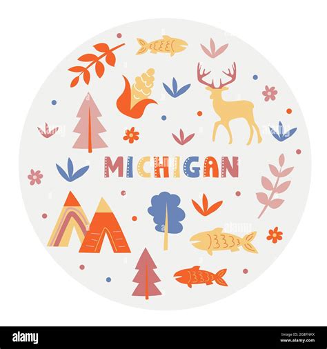 Usa Collection Vector Illustration Of Michigan State Symbols Round