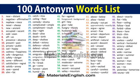 100 antonym words list materials for learning english