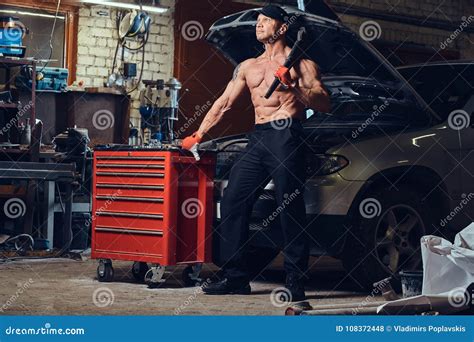 Shirtless Mechanic In A Garage Stock Photo Image Of Muscular Halk