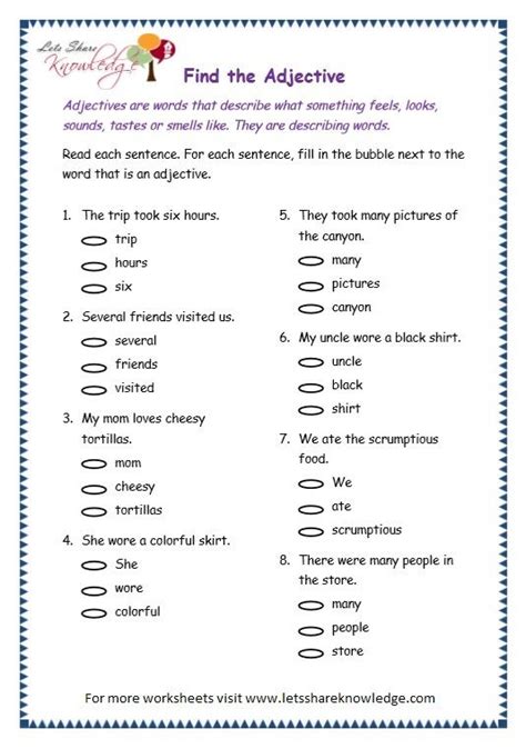 grade  grammar topic  adjectives worksheets lets share knowledge