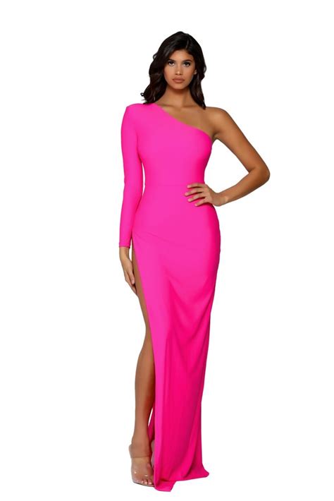 Ps6374 Hot Pink Long Sleeve One Shoulder Maxi Dress Luxette Boutique