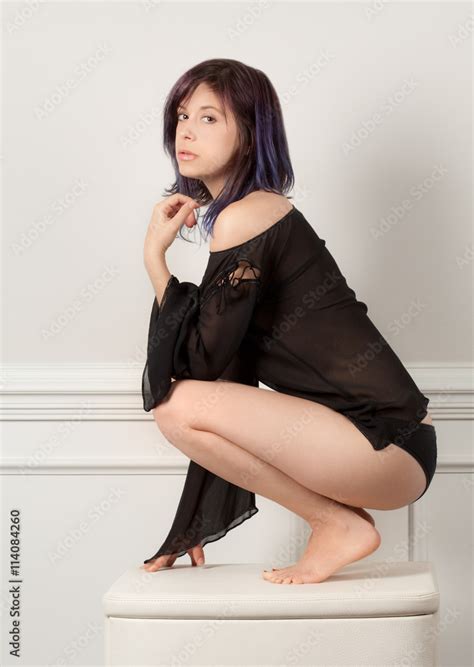 Kneeling Barefoot Woman In Sheer Top And Panties Stock Photo Adobe Stock