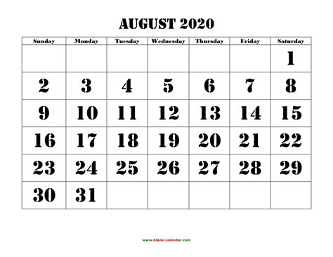 August 2020 Monthly Appointment Calendar Template Printable