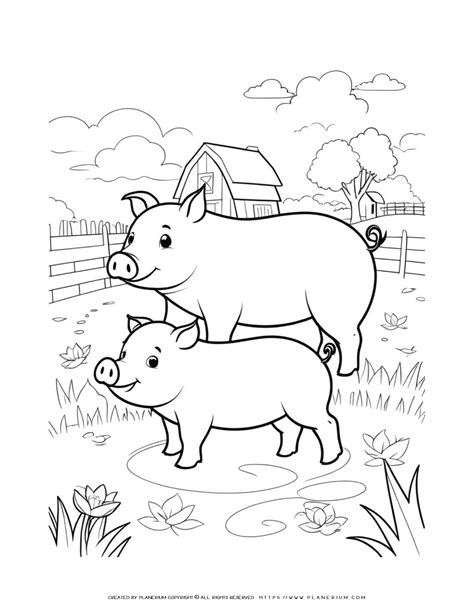 Cute coloring page featuring a family of two pigs in a farm animal side