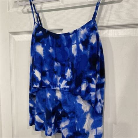 Nwtladies 16 Tankini Top Sonnet Shores Blue Tie Dye Ruffled Ebay