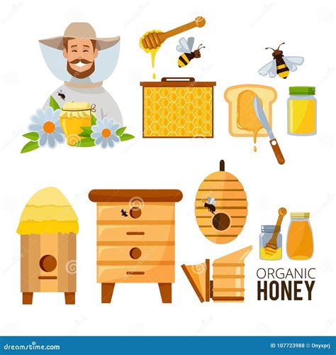 Cartoon Illustrations Set Of Beekeeper Beehive And Bees Stock Vector