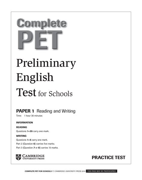 Complete Pet Test Full Test Complete Pet For Schools © Cambridge