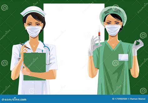 Two Nurses In Uniform And Medical Icon Set Stock Vector Illustration