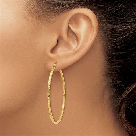 14k Yellow Gold Diamond Cut 2mm Round Tube Hoop Earrings 50mm Diameter