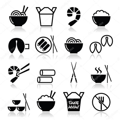 Chinese Take Away Food Icons Pasta Rice Spring Rolls Fortune Cookies Stock Vector By