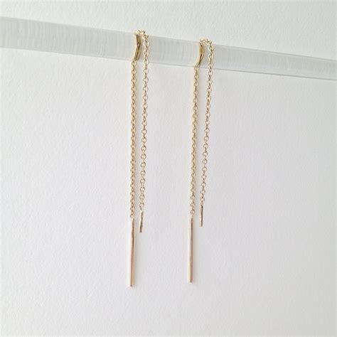 Solid Gold Threader Earrings K Yellow Gold Delicate Bar Etsy