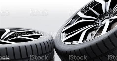 Wheels With Modern Alu Rims On White Background Closeup Banner Stock
