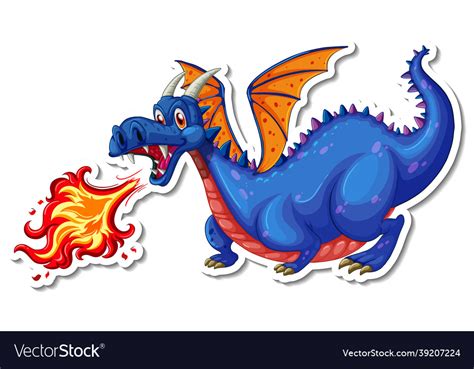 Dragon Blowing Fire Cartoon Character Sticker Vector Image