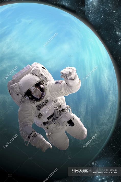 Astronaut Floating In Outer Space Above Large Alien Planet — Exterior