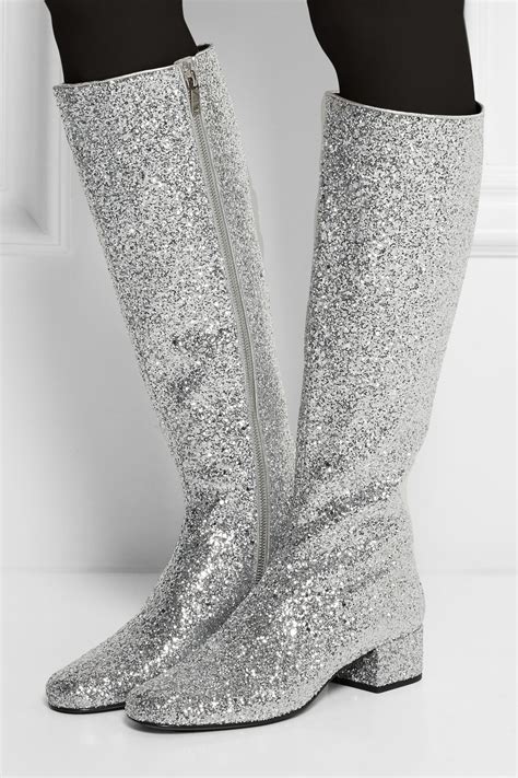 Saint Laurent Glitter Finished Leather Knee Boots In Silver Metallic
