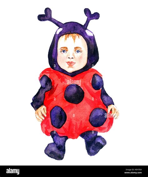 Cute Baby In Ladybug Costume Hand Painted Watercolor Illustration