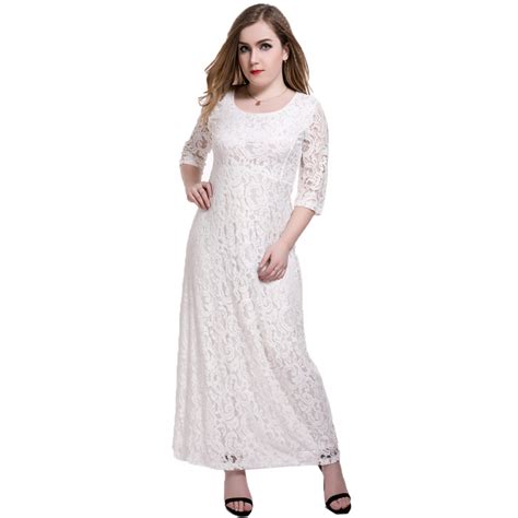 Maxi White Lace Dress Women Plus Size Vestidos Long Dresse Summer 3 4 Sleeve 5xl 6xl Oneck
