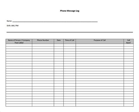 Phone Message Template 5 Free Word Log Template Section