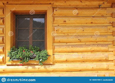 Wooden Log House Natural Construction Window And Wall Stock Image