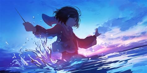 Wallpaper Anime Girl Ocean Swimming Closed Eyes Water
