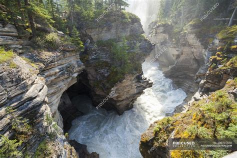 High Angle View Of Athabasca Falls And Flowing Athabasca River Jasper