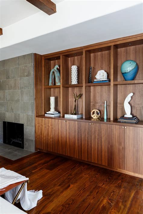 Walnut Built-In Shelves in Neutral, Midcentury Modern Living Room | HGTV