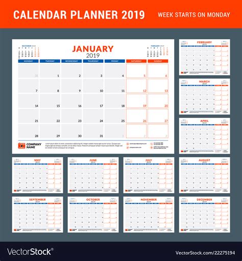 Calendar Planner For 2019 Year Stationery Design Vector Image