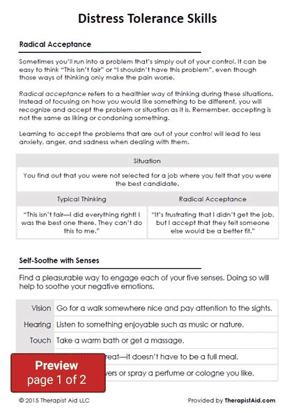 Dbt Distress Tolerance Skills Worksheet Therapist Aid